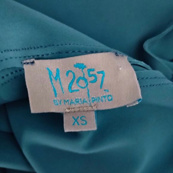 M2057 Maria Pinto Tunic Mini Dress Teal Blue Green Bell Flare Sleeves Size XS - Picture 5 of 6